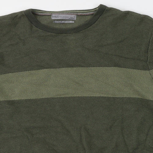 Marks and Spencer Mens Green Round Neck  Cotton Pullover Jumper Size L