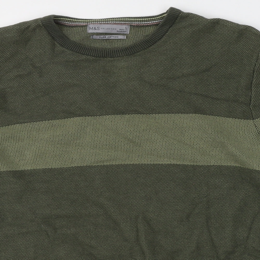 Marks and Spencer Mens Green Round Neck  Cotton Pullover Jumper Size L