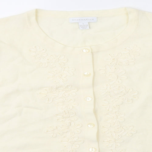 Charter Club Womens Ivory Round Neck Floral Polyester Cardigan Jumper Size L