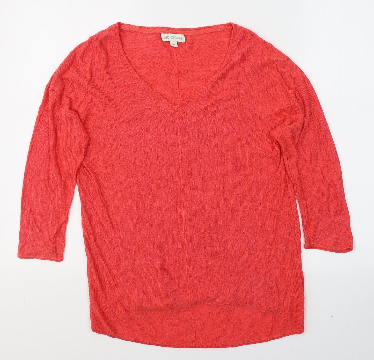 Monsoon Womens Red  Polyester Basic T-Shirt Size M V-Neck