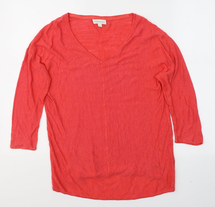 Monsoon Womens Red  Polyester Basic T-Shirt Size M V-Neck
