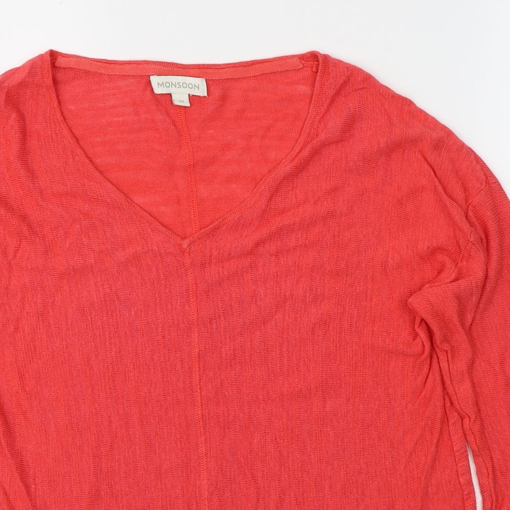 Monsoon Womens Red  Polyester Basic T-Shirt Size M V-Neck