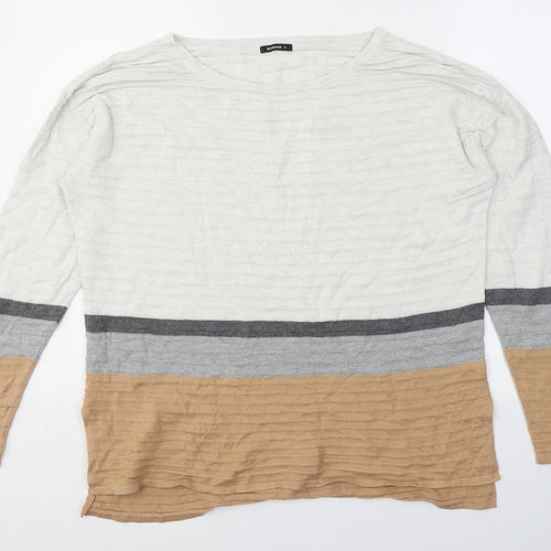 Roman Womens White Round Neck Striped Acrylic Pullover Jumper Size 16