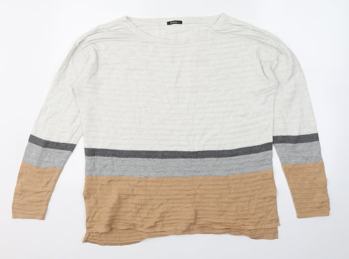 Roman Womens White Round Neck Striped Acrylic Pullover Jumper Size 16