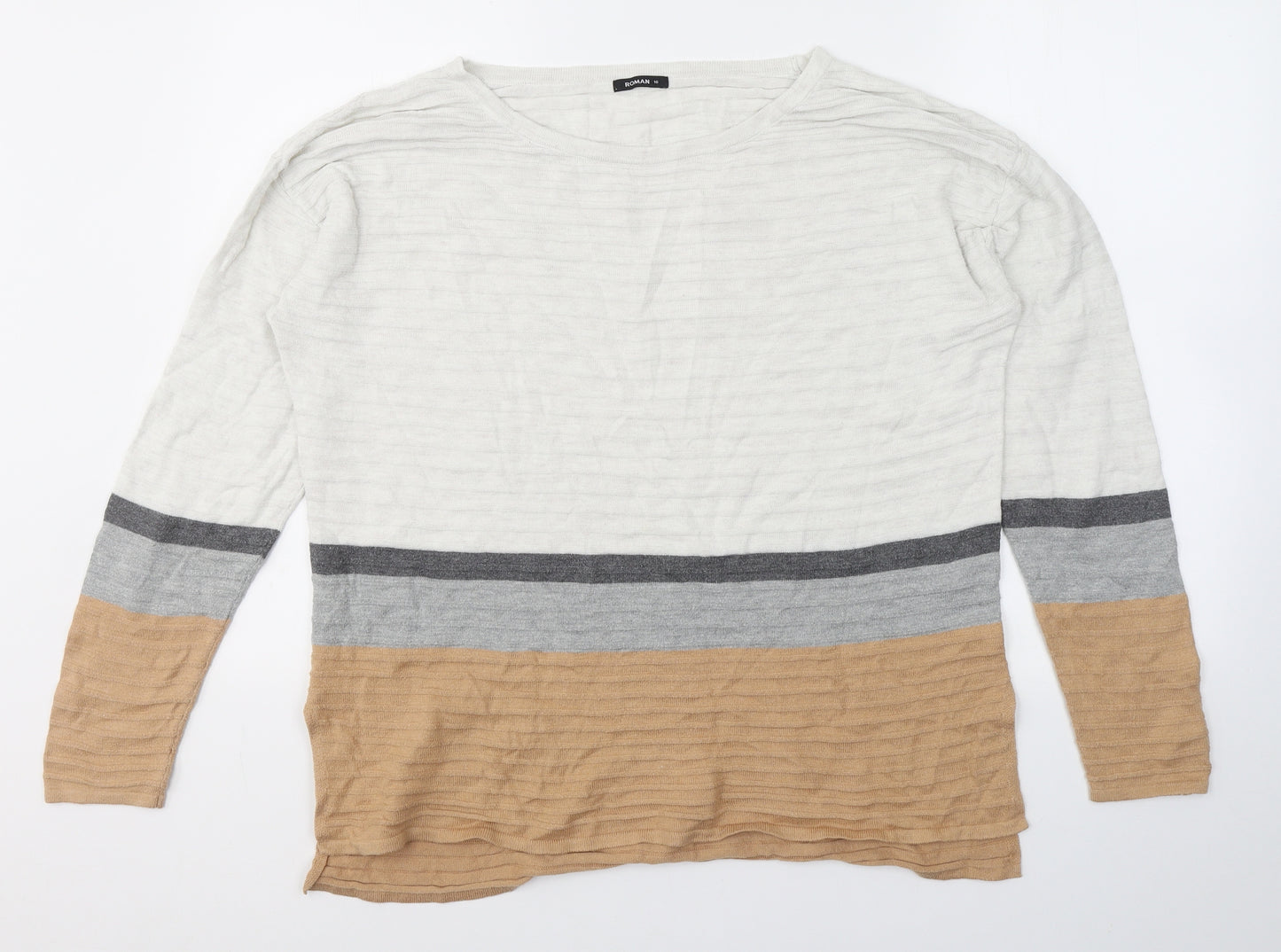 Roman Womens White Round Neck Striped Acrylic Pullover Jumper Size 16