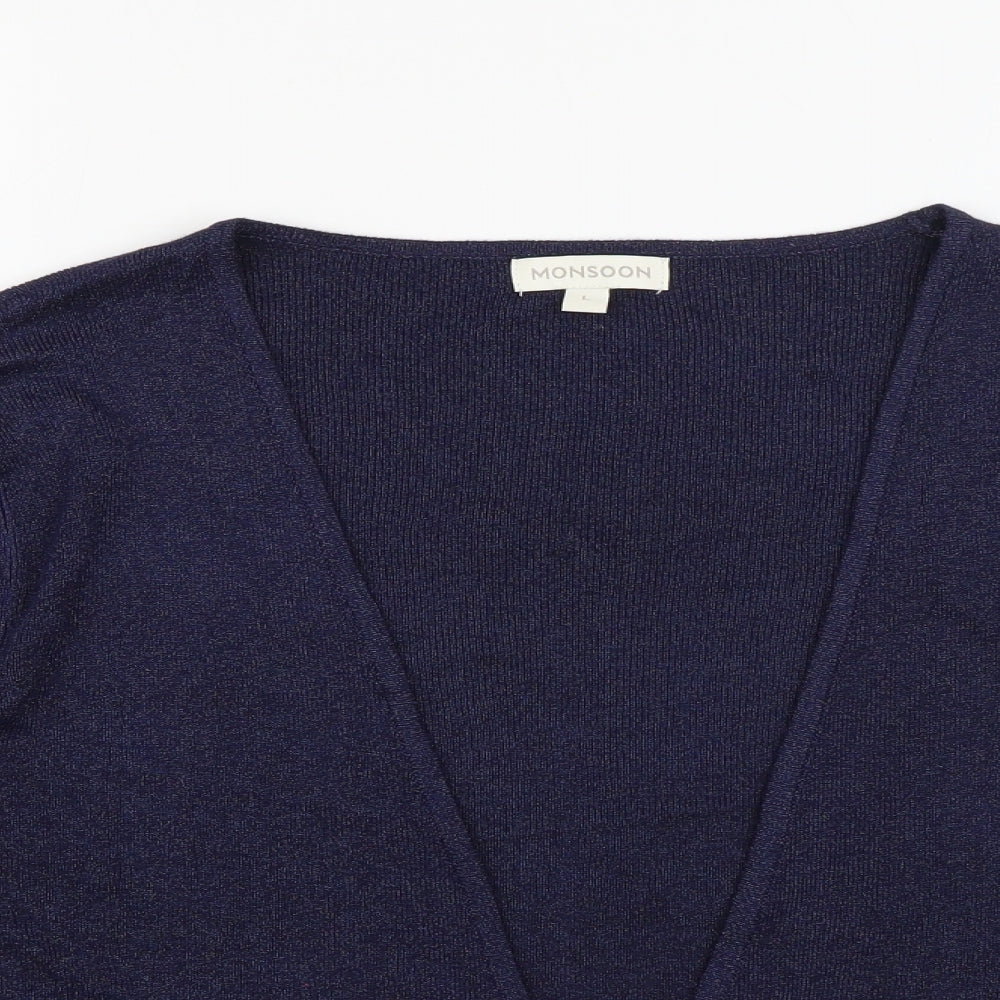 Monsoon Womens Blue V-Neck  Viscose Cardigan Jumper Size L   - Cropped