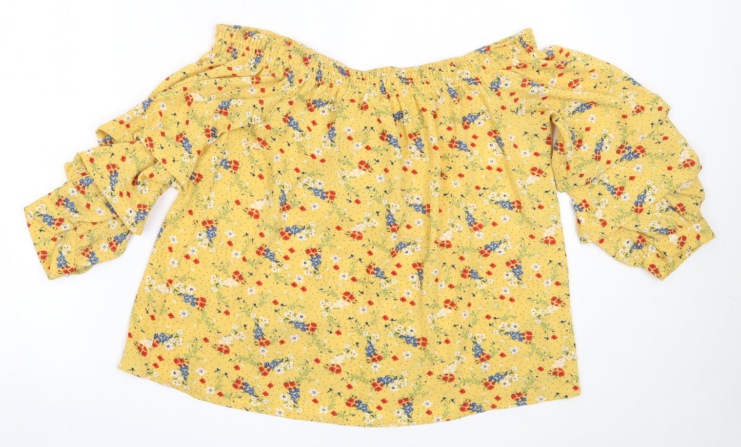 Primark Womens Yellow Floral Polyester Basic Blouse Size 10 Off the Shoulder
