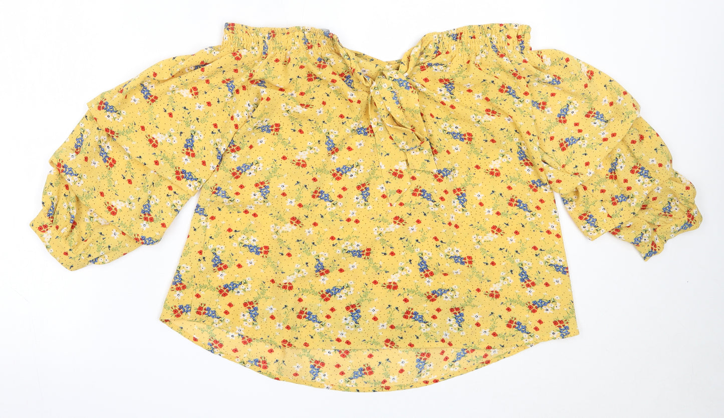 Primark Womens Yellow Floral Polyester Basic Blouse Size 10 Off the Shoulder