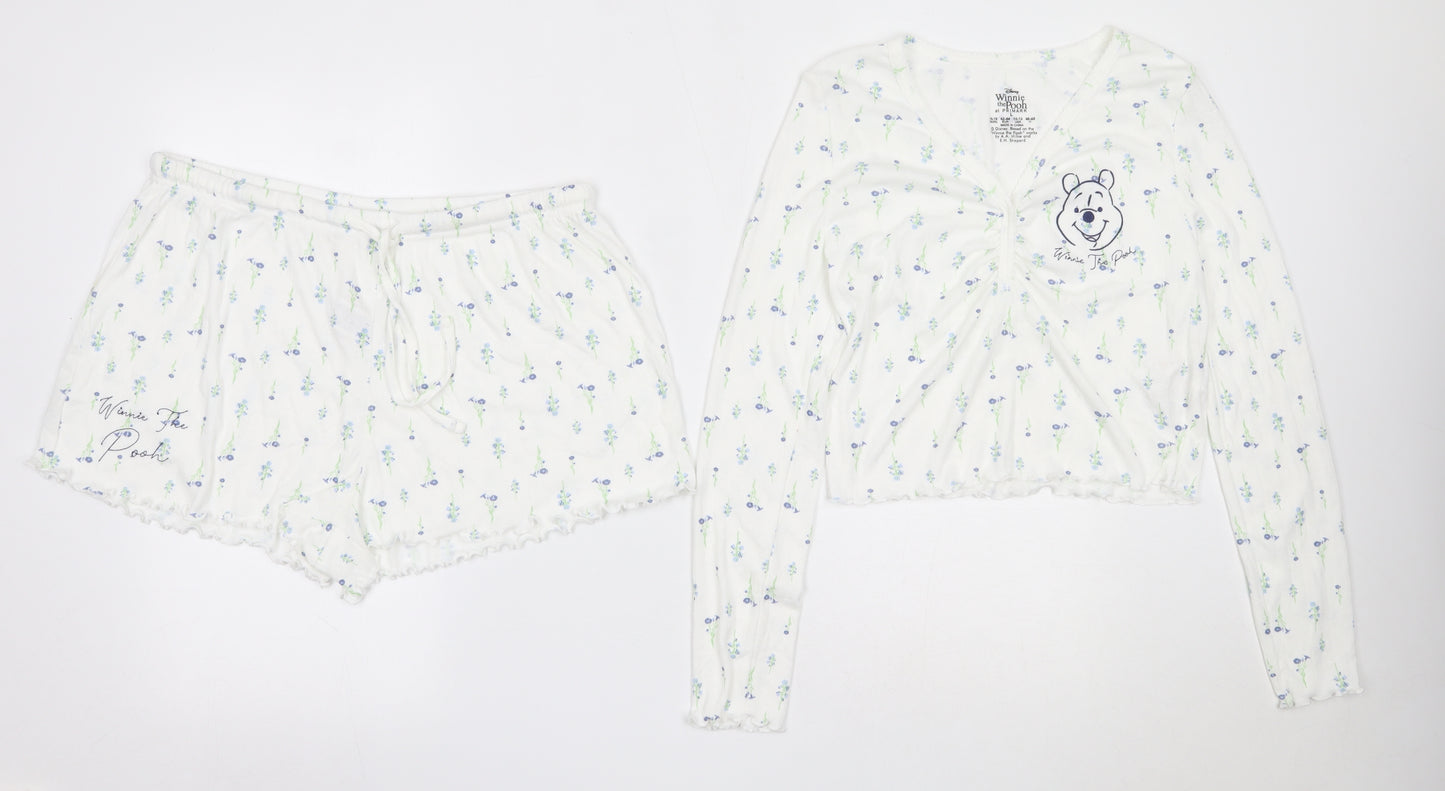Primark Womens White Floral Polyester Top Pyjama Set Size L   - winnie the pooh