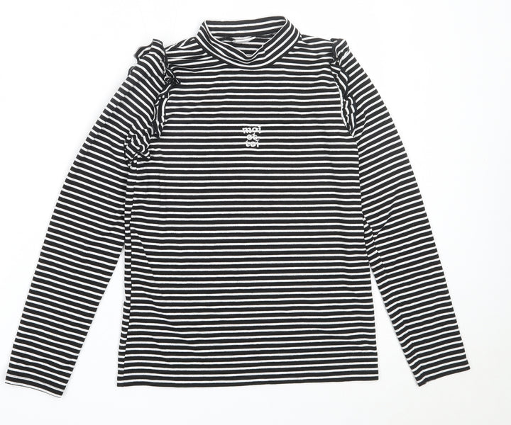 F&F Girls Black High Neck Striped Polyester Pullover Jumper Size 10-11 Years