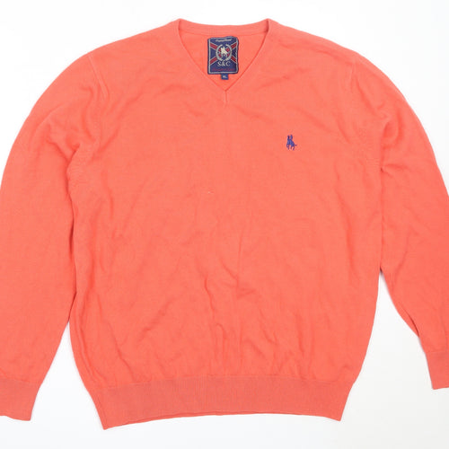 S&C Mens Orange V-Neck  Acrylic Pullover Jumper Size XL