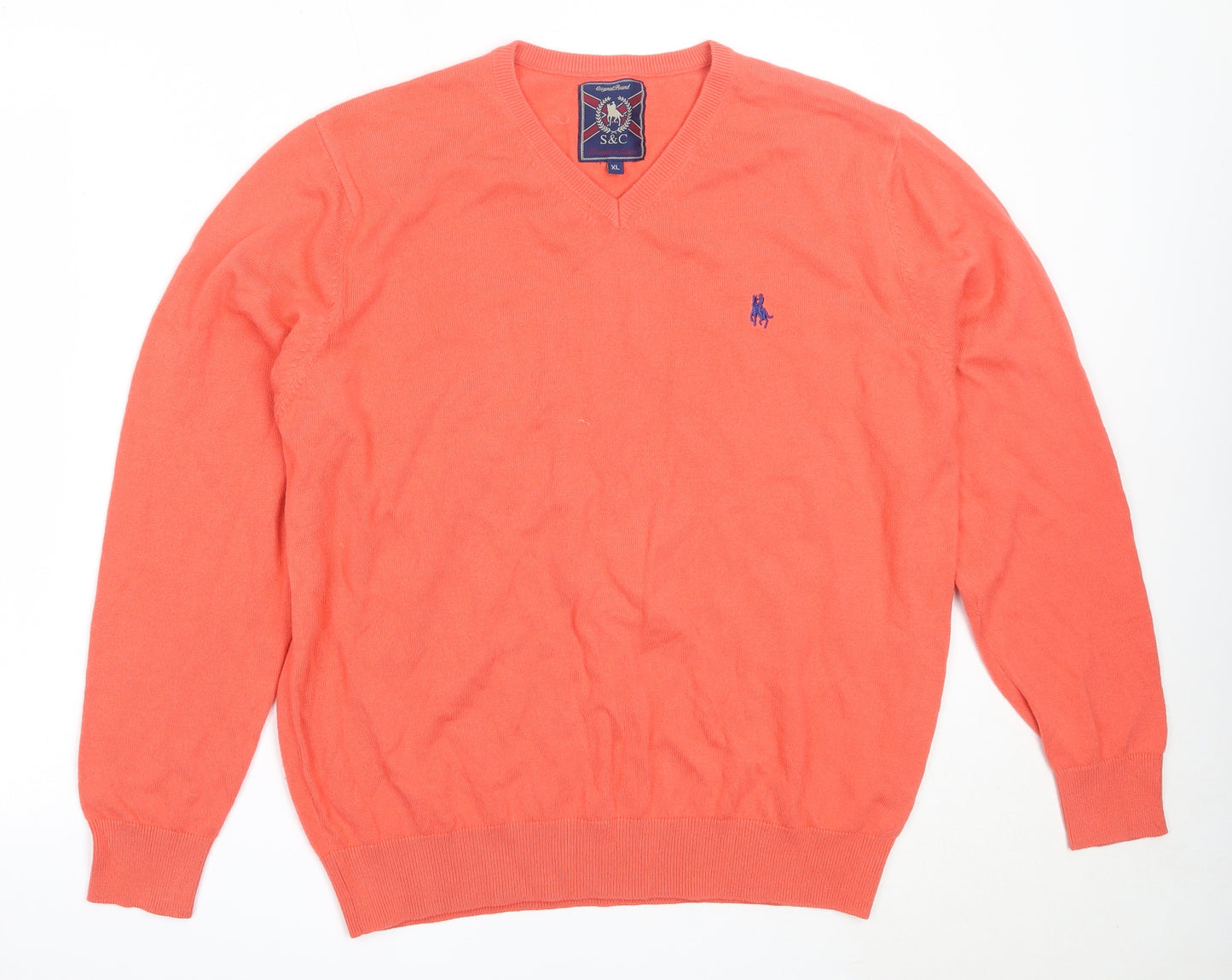 S&C Mens Orange V-Neck  Acrylic Pullover Jumper Size XL