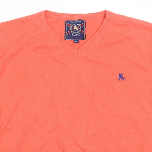 S&C Mens Orange V-Neck  Acrylic Pullover Jumper Size XL