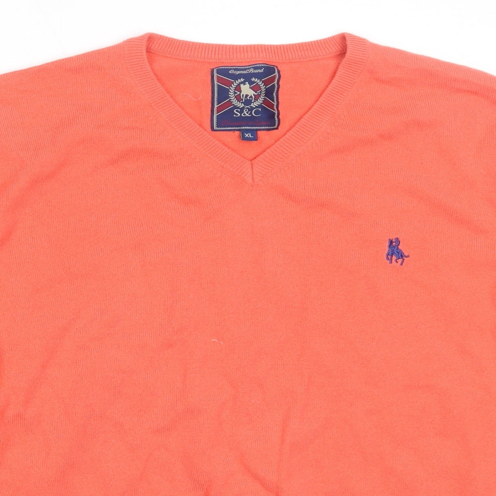S&C Mens Orange V-Neck  Acrylic Pullover Jumper Size XL