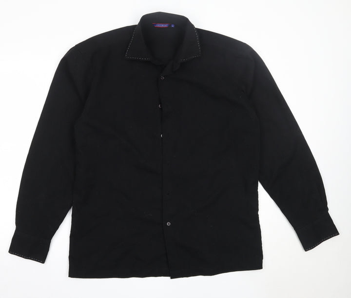 Refined Mens Black Polyester Button-Up Size L Collared