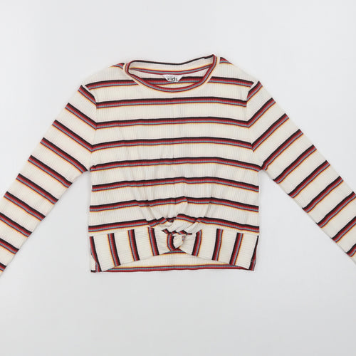 M & Co Girls Ivory Striped Cotton Basic Blouse Size 8-9 Years Crew Neck