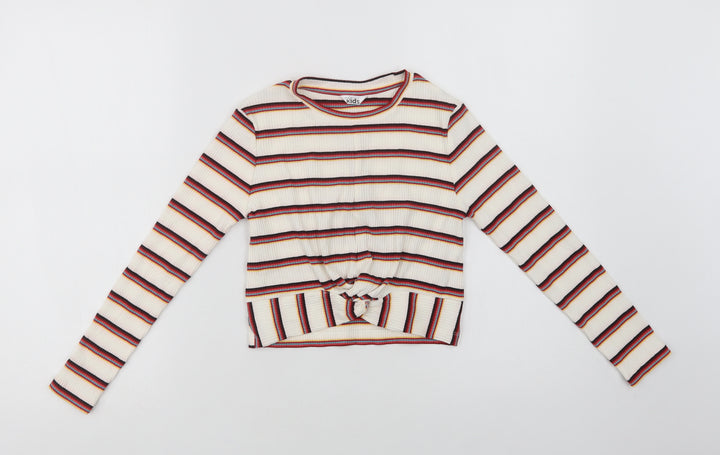 M & Co Girls Ivory Striped Cotton Basic Blouse Size 8-9 Years Crew Neck