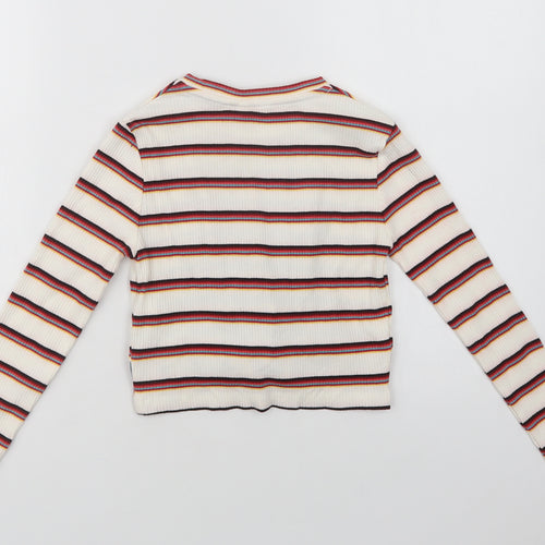 M & Co Girls Ivory Striped Cotton Basic Blouse Size 8-9 Years Crew Neck