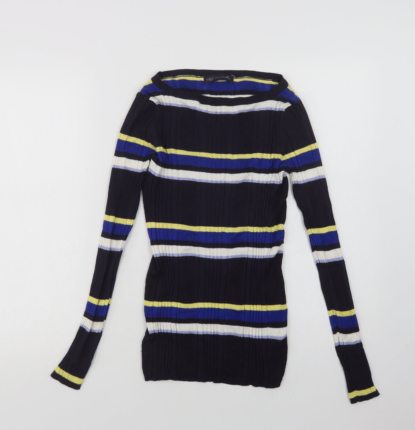 Marks and Spencer Womens Blue Boat Neck Striped Viscose Pullover Jumper Size 10