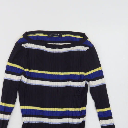 Marks and Spencer Womens Blue Boat Neck Striped Viscose Pullover Jumper Size 10
