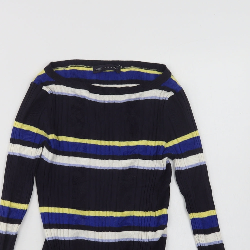 Marks and Spencer Womens Blue Boat Neck Striped Viscose Pullover Jumper Size 10