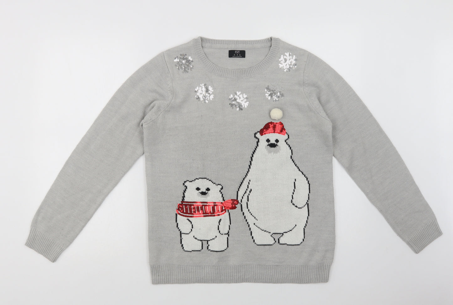 F&F Womens Grey Crew Neck  Acrylic Pullover Jumper Size 12   - Christmas Jumper