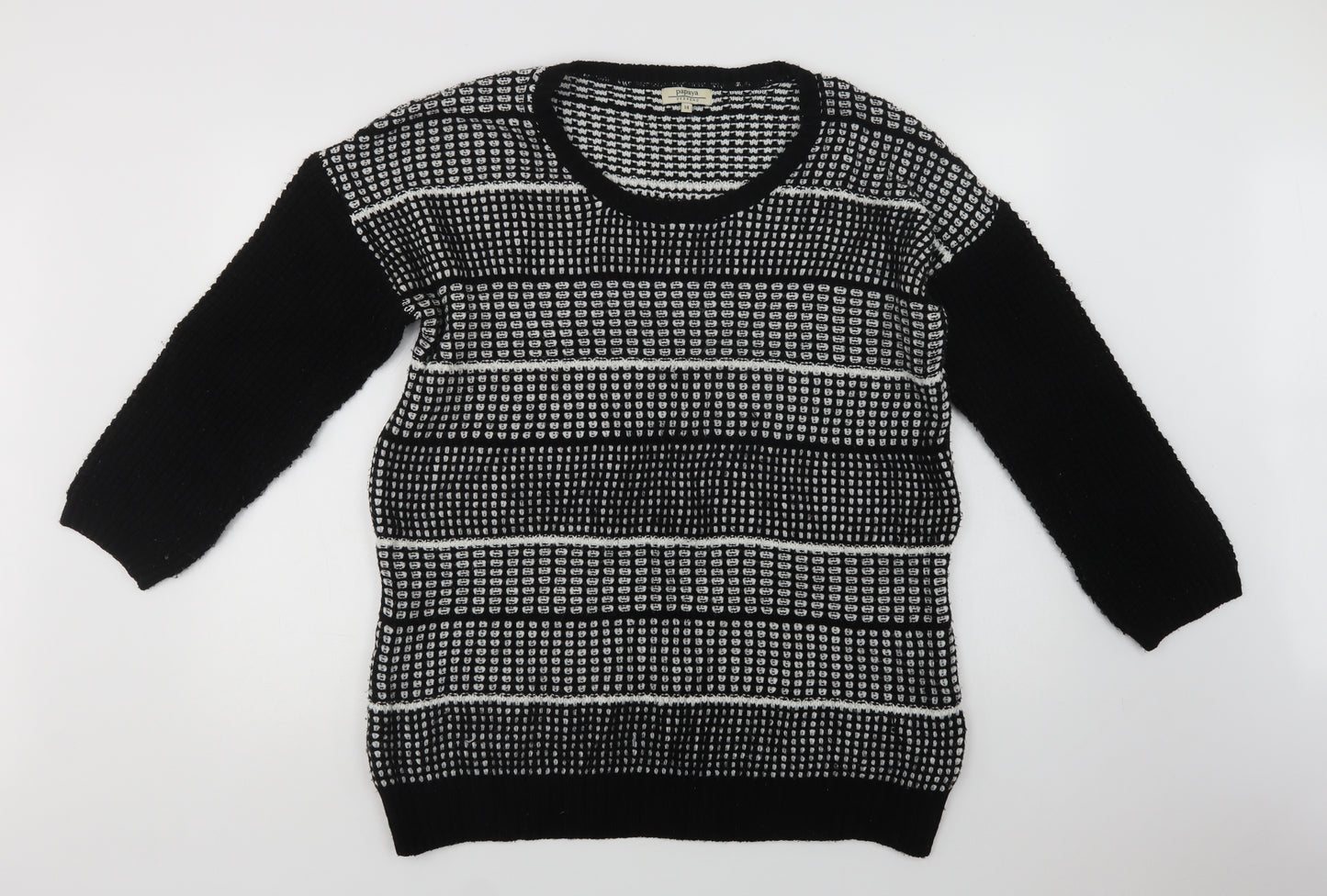 Papaya Womens Black Crew Neck Geometric Acrylic Pullover Jumper Size 14