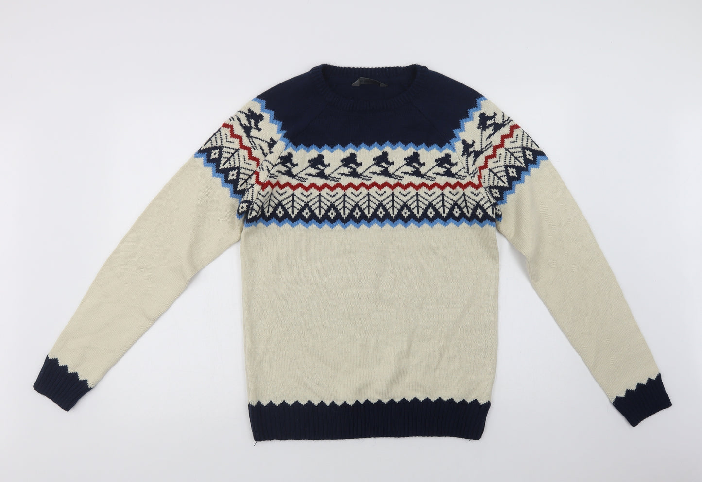 Primark Womens Ivory Crew Neck Fair Isle Acrylic Pullover Jumper Size S