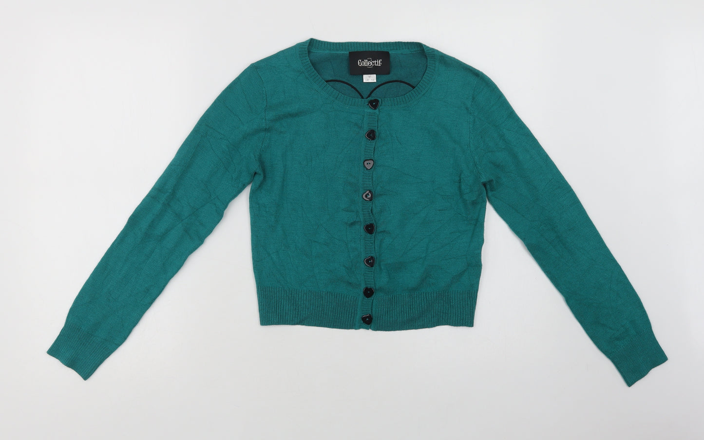 Collectif Womens Green Crew Neck  Acrylic Cardigan Jumper Size 12   - Heart
