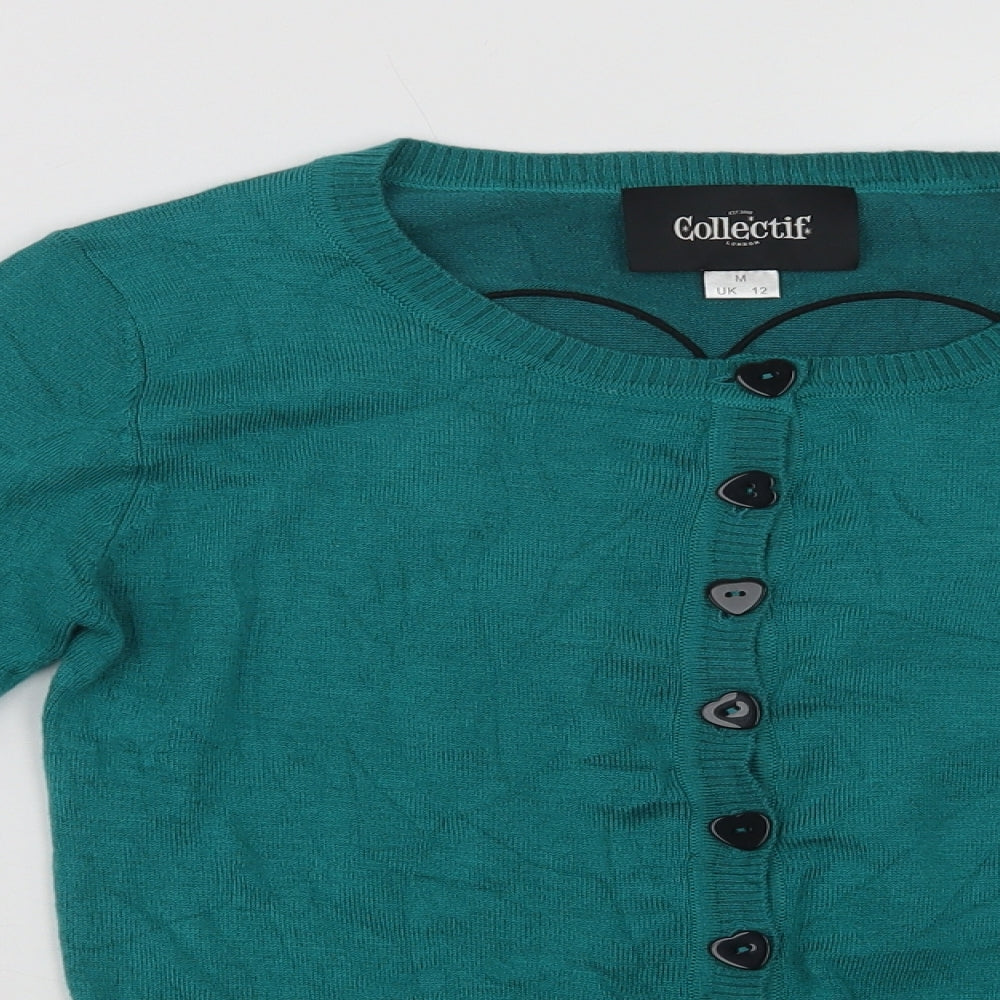 Collectif Womens Green Crew Neck  Acrylic Cardigan Jumper Size 12   - Heart