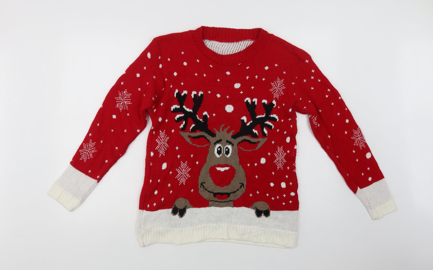 Preworn Womens Red Crew Neck Geometric Acrylic Pullover Jumper Size M   - Rudolph Christmas