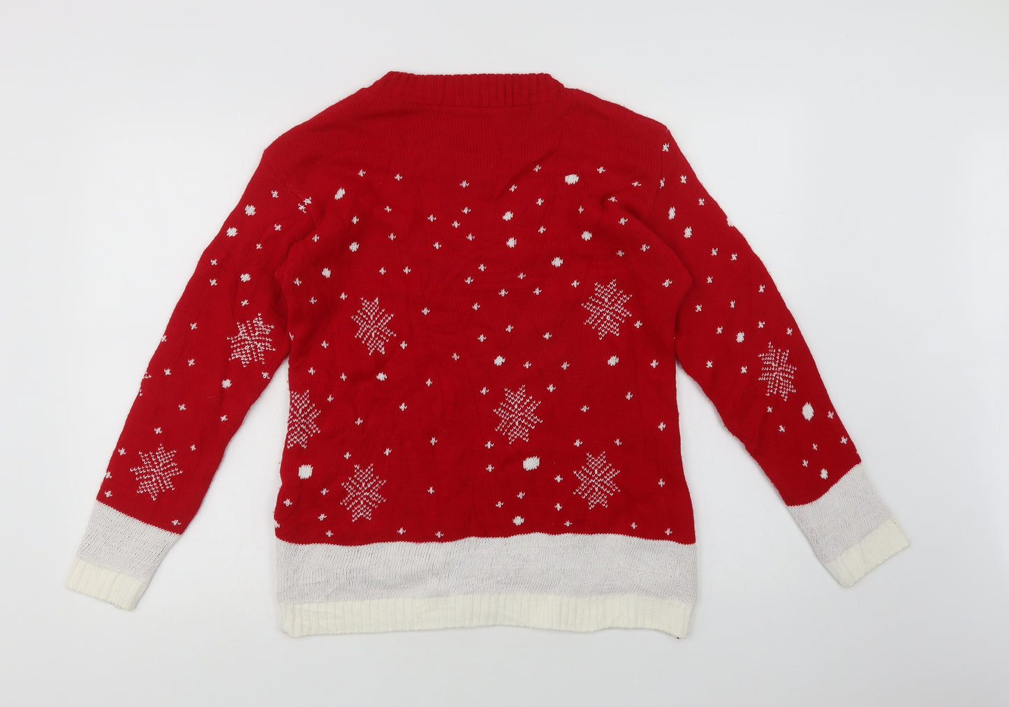 Preworn Womens Red Crew Neck Geometric Acrylic Pullover Jumper Size M   - Rudolph Christmas