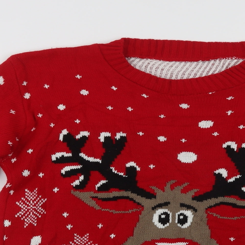 Preworn Womens Red Crew Neck Geometric Acrylic Pullover Jumper Size M   - Rudolph Christmas