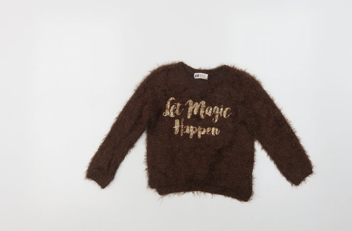 H&M Girls Brown Crew Neck Polyamide Pullover Jumper Size 2-3 Years - Magic