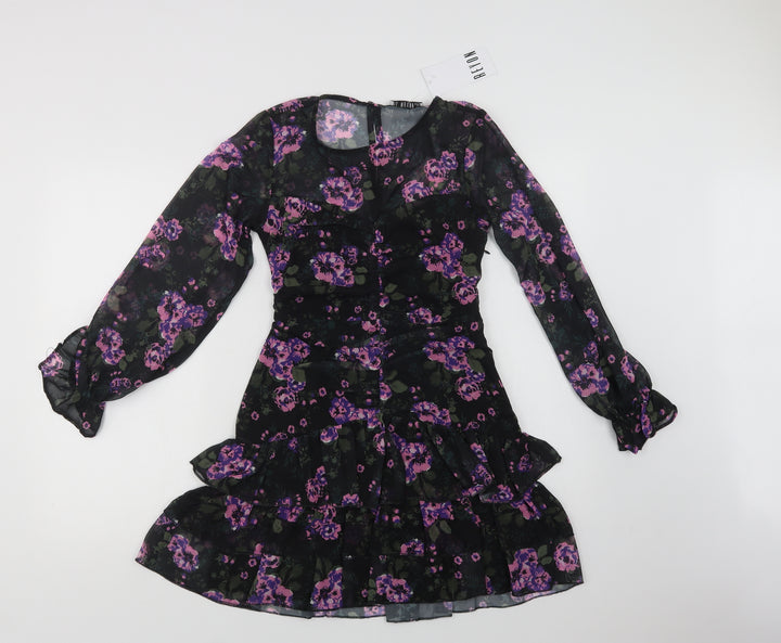 Reyon Womens Black Floral Polyester Fit & Flare Size S Round Neck Button