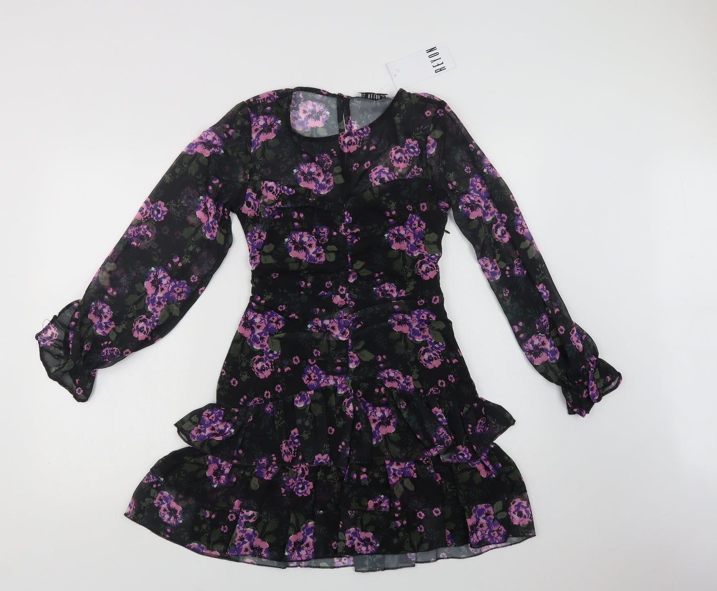 Reyon Womens Black Floral Polyester Fit & Flare  Size S  Round Neck Button