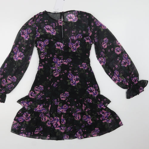 Reyon Womens Black Floral Polyester Fit & Flare  Size S  Round Neck Button