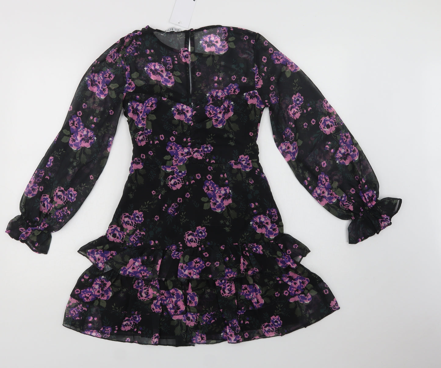 Reyon Womens Black Floral Polyester Fit & Flare  Size S  Round Neck Button