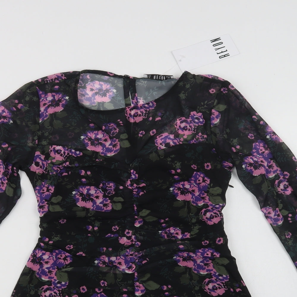 Reyon Womens Black Floral Polyester Fit & Flare  Size S  Round Neck Button