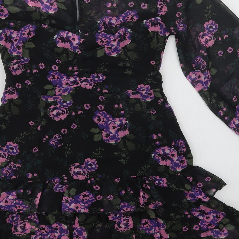 Reyon Womens Black Floral Polyester Fit & Flare  Size S  Round Neck Button