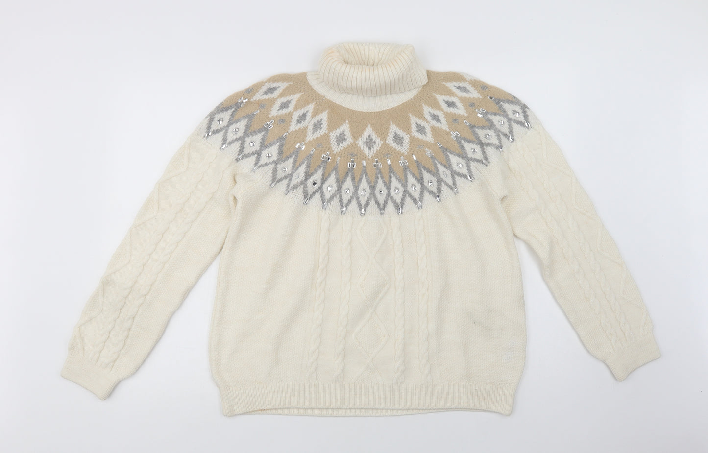M & Co Womens Ivory Roll Neck Fair Isle Acrylic Pullover Jumper Size 14