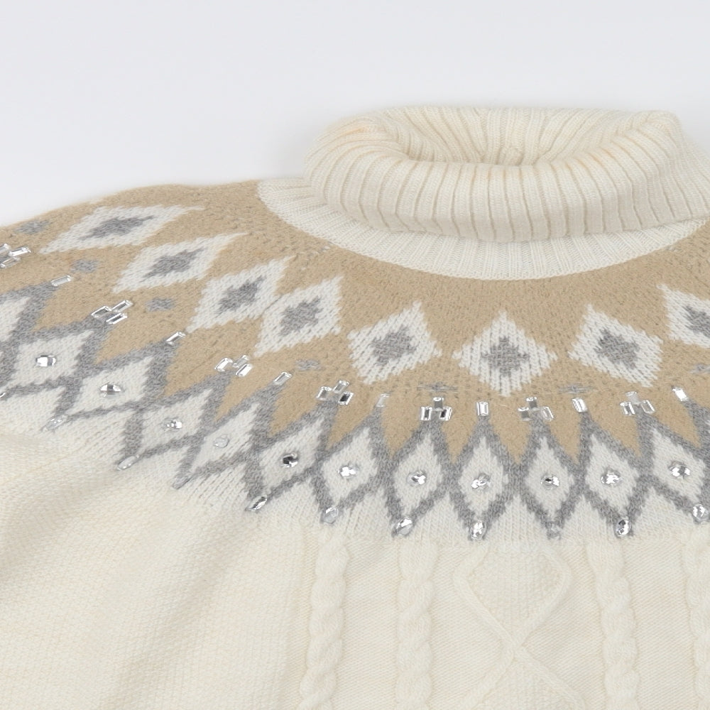 M & Co Womens Ivory Roll Neck Fair Isle Acrylic Pullover Jumper Size 14