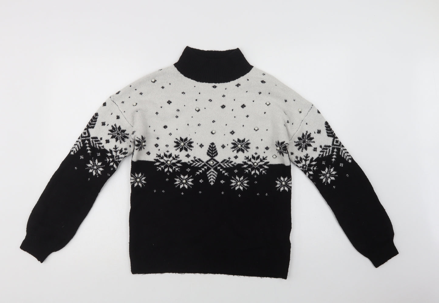 Primark Womens Black Mock Neck Fair Isle Acrylic Pullover Jumper Size XS