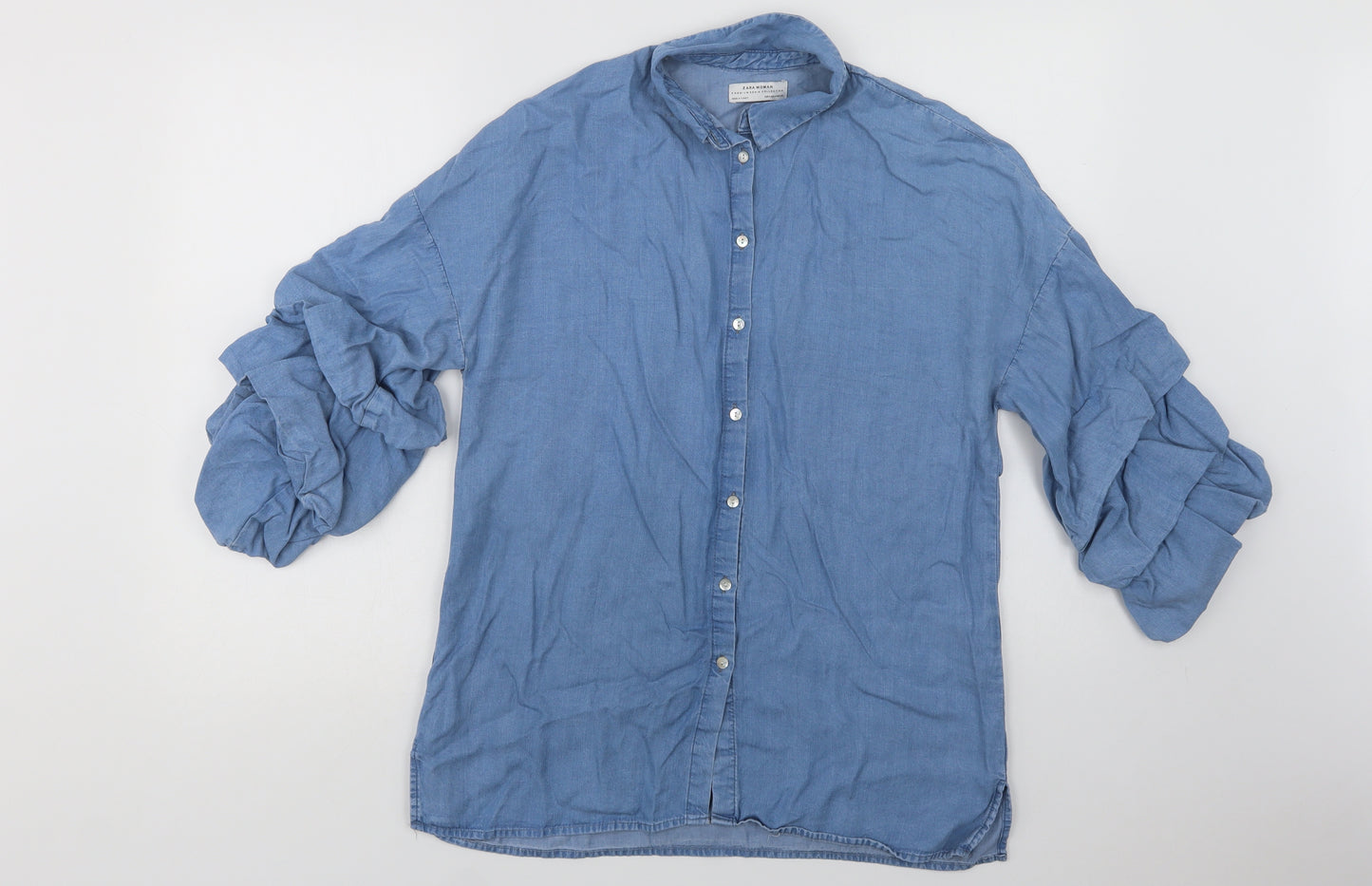 Zara Womens Blue  Lyocell Basic Button-Up Size M Collared