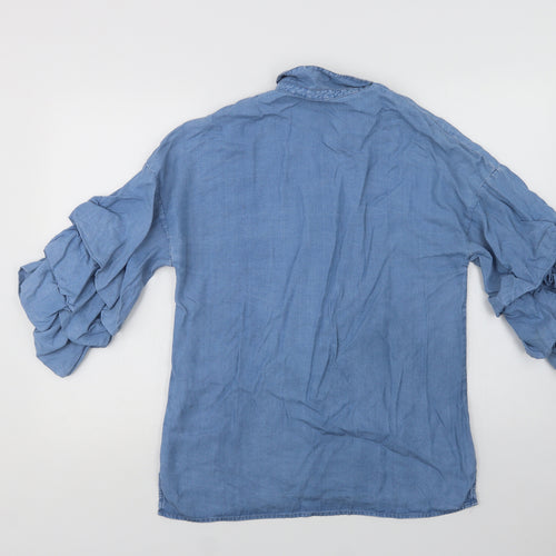 Zara Womens Blue  Lyocell Basic Button-Up Size M Collared