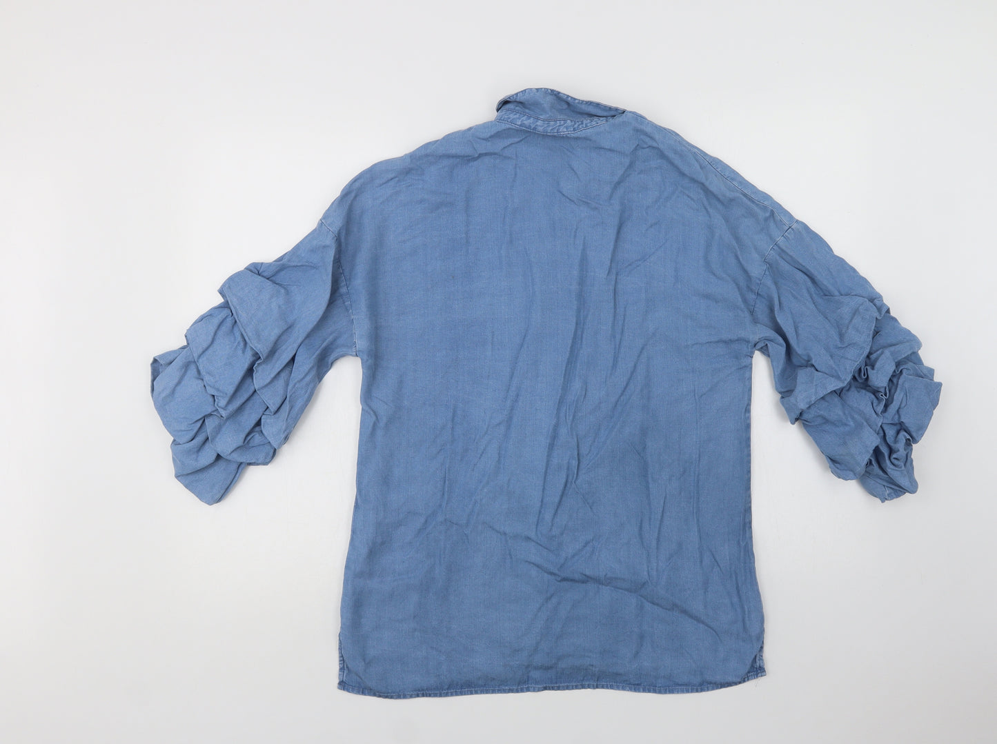 Zara Womens Blue  Lyocell Basic Button-Up Size M Collared