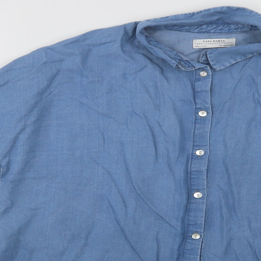 Zara Womens Blue  Lyocell Basic Button-Up Size M Collared
