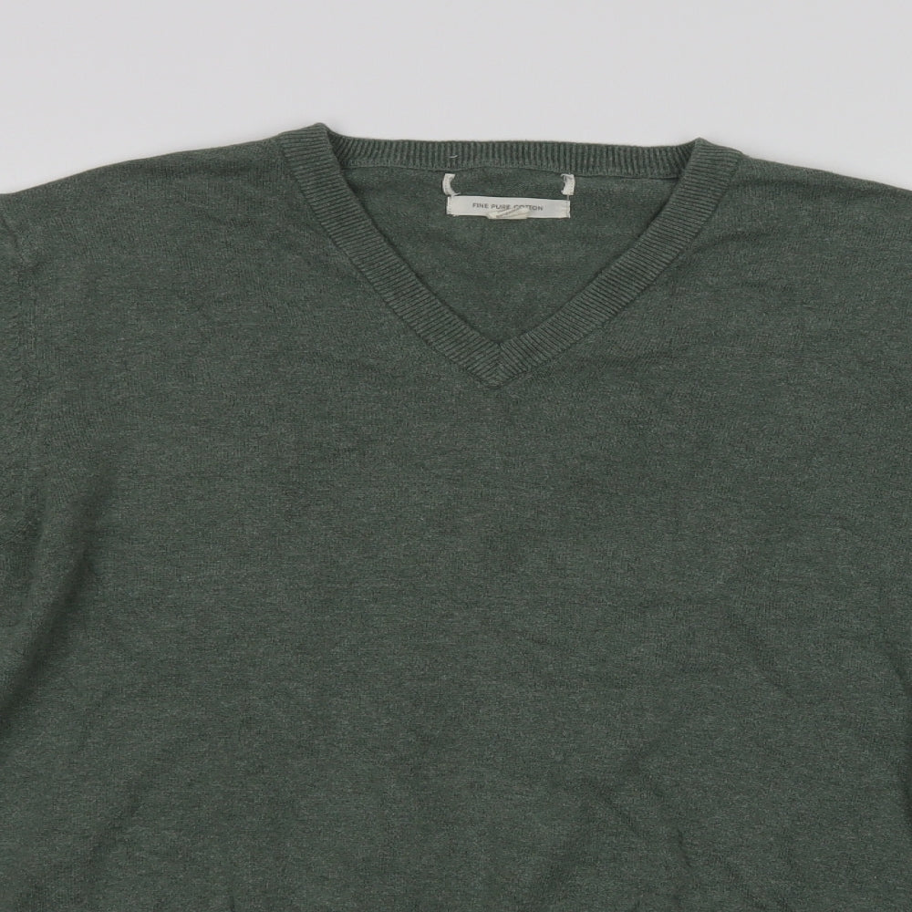 Marks and Spencer Mens Green V-Neck  Cotton Pullover Jumper Size L