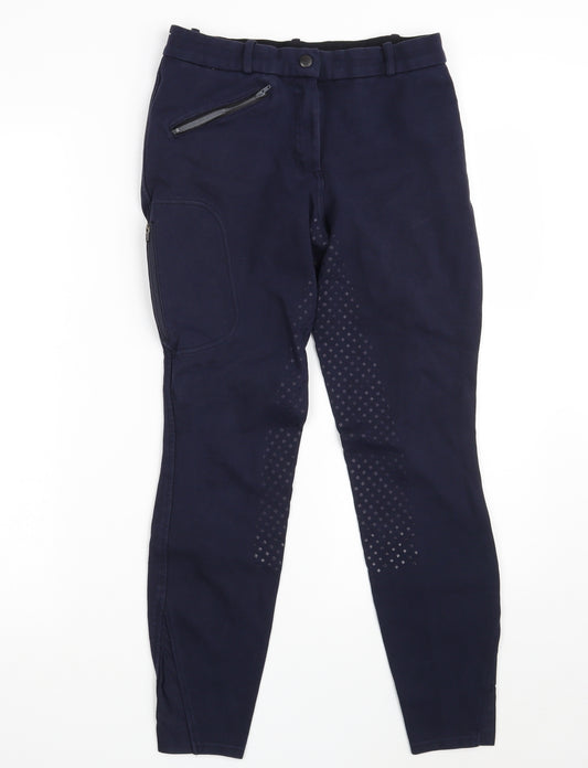 Front view of DECATHLON women’s blue cotton compression trousers, size S, 26-inch leg slim zip