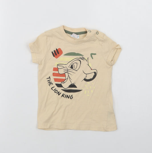 Front view of Disney Baby Baby Beige Cotton Basic T-Shirt, size 3-6, Months Crew Neck Snap - The Lion King